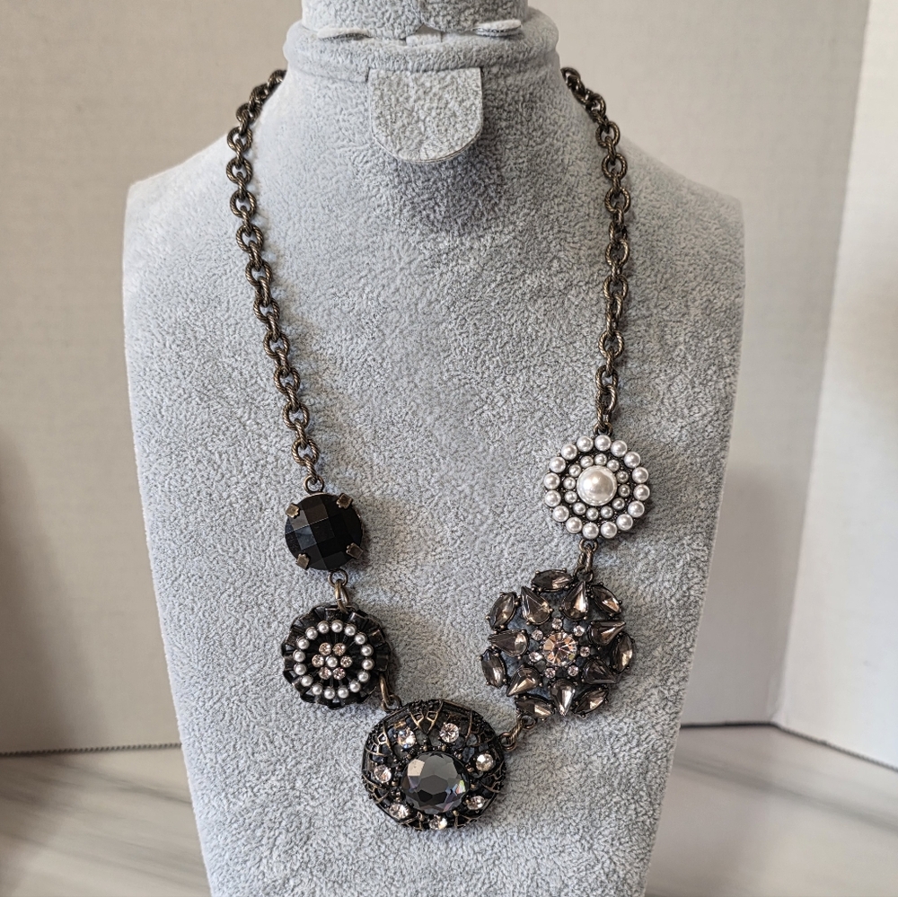 Elegant Lia Sophia Curio Smoky Black and Silver Statement Necklace, 19 Inch